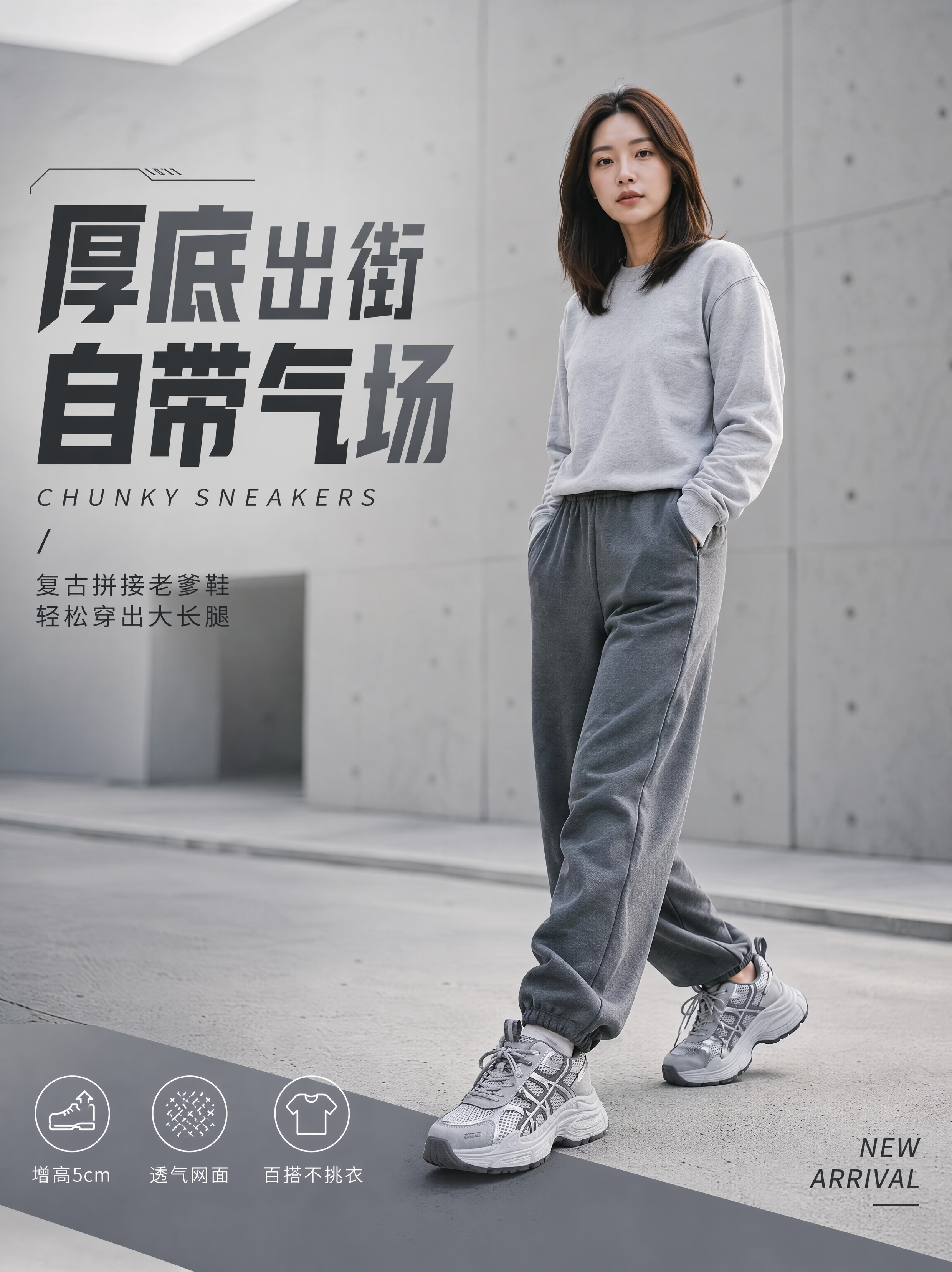 [第1张] 详情页头图-灰色厚底老爹鞋模特大片风格海报。本张使… - 图片创意预览