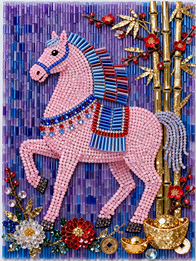 主体是粉色骏马（装饰蓝红纹样、流苏配饰，点缀金箔质感），周围环绕金竹、红梅、菊花、元宝等吉祥元素，背景为蓝紫色纹理，配色浓烈鲜艳（粉、红、蓝、紫、金等），风格喜庆华贵、充满传统吉祥寓意