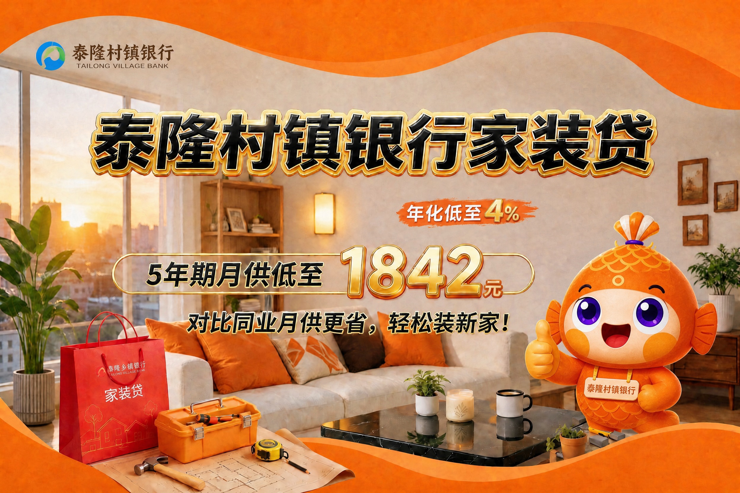 将图中右侧的橙色小鱼吉祥物替换为第一张图中的泰隆村镇银行橙色鱼… - 图片创意预览