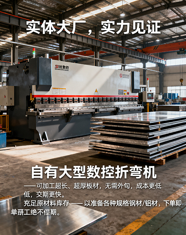 电商详情页工厂实力展示板块，标题“实体大厂，实力见证”，突出展示工厂大型折弯机和堆叠的金属板材，配文：“自有大型数控折弯机 —— 可加工超长、超厚板材，无需外包，成本更低，交期更快。充足的原材料库存 —— 常备各种规格钢材/铝材，下单即开工，绝不拖期”，工业实景风格，专业清晰排版。