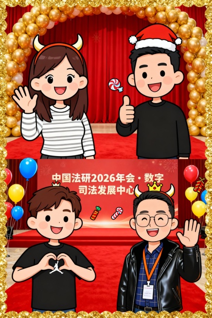 请基于部门成员单人照片，制作一张卡通喜庆风的公司年会部门合照拼接图，具体要求如下：
背景：选择卡通年会派对场景，红色幕布 + 金色气球拱门，地面铺红色地毯，背景板写 “中国法研 2026 年会・数字预览效果