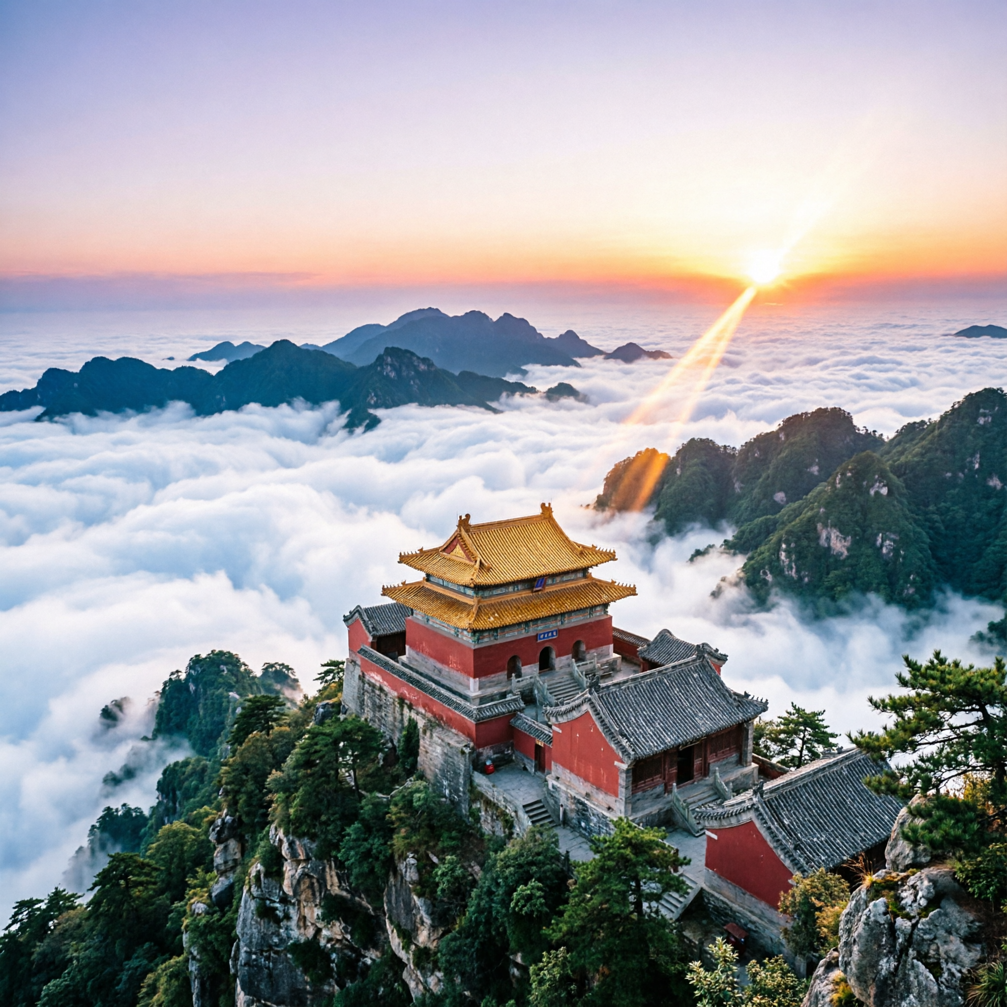 武当山风景，道教名山，金顶古建筑群，云海缭绕，群山连绵，日出时… - 图片创意预览
