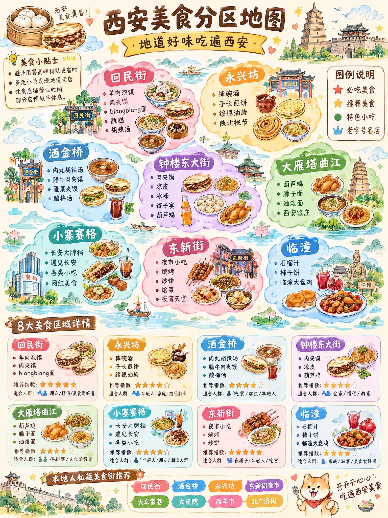 手绘风格的西安美食分区地图海报，浅米白色温暖背景，整体为可爱插… - 图片创意预览