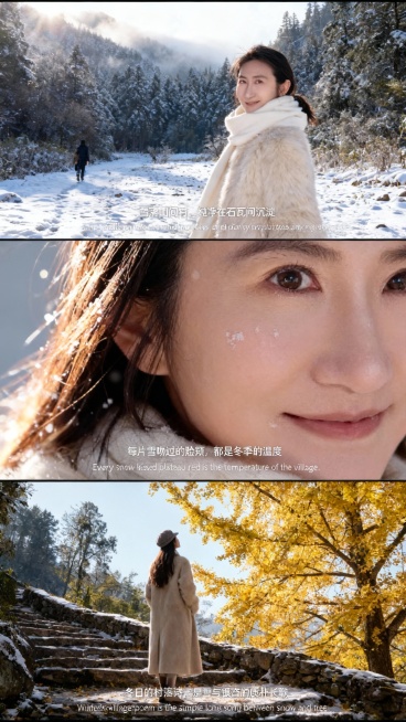 上宫格：特写镜头，女生穿白色厚实毛衣，白色围巾裹住半张脸，走在森林的雪地里，她回眸看山间雾雪交融，神情纯净阳光洒在脸上暖暖的。添加中英字幕 “雪落山间村，纯净在石瓦间沉淀”“Snow falls on预览效果