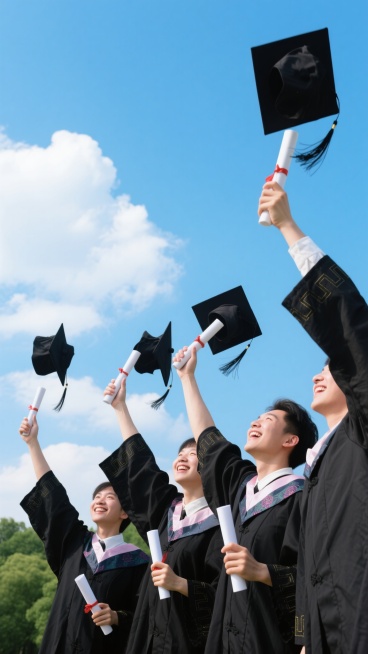 一群身着黑色毕业礼服、手持白色毕业证书的毕业生，在晴朗的蓝天下，面带灿烂笑容，高高抛起黑色学士帽，帽穗在空中飞扬，洋溢着毕业的喜悦与青春的活力，背景是漂浮的白云和远处的绿色树木，整体画面充满欢庆、希望与成就感。预览效果