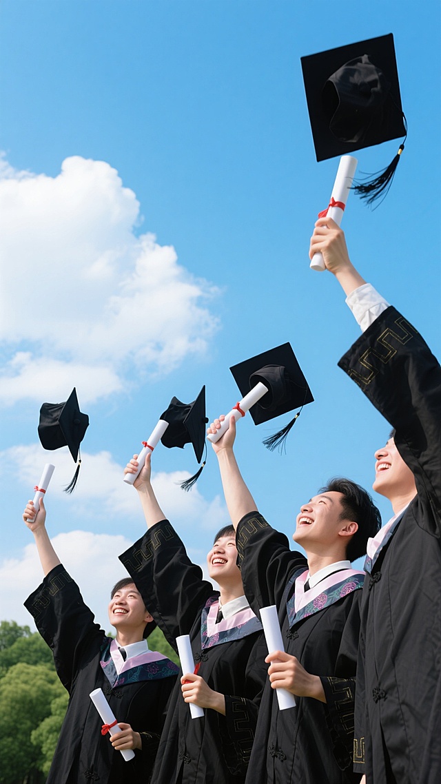 一群身着黑色毕业礼服、手持白色毕业证书的毕业生，在晴朗的蓝天下，面带灿烂笑容，高高抛起黑色学士帽，帽穗在空中飞扬，洋溢着毕业的喜悦与青春的活力，背景是漂浮的白云和远处的绿色树木，整体画面充满欢庆、希望与成就感。