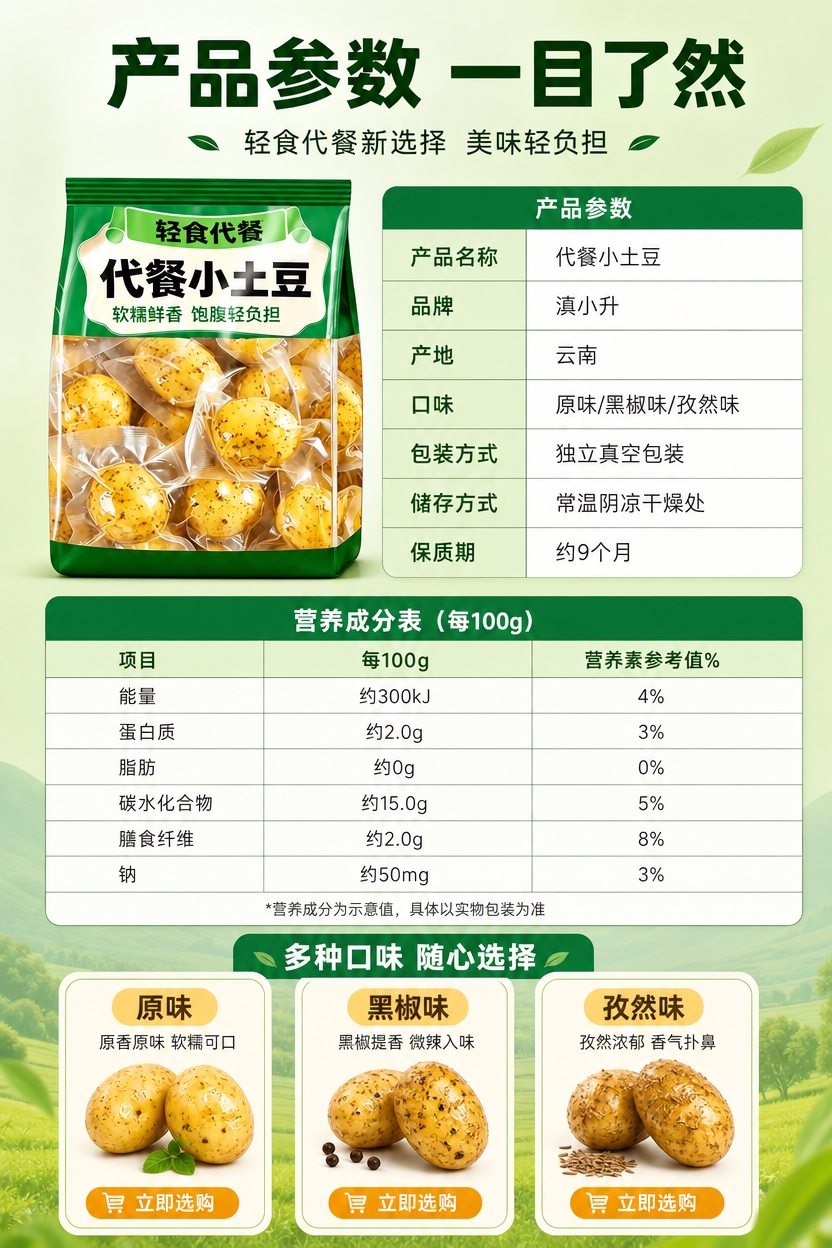 [商品] 使用【图2】绿色代餐小土豆外包装袋作为产品图，放在左… - 图片创意预览