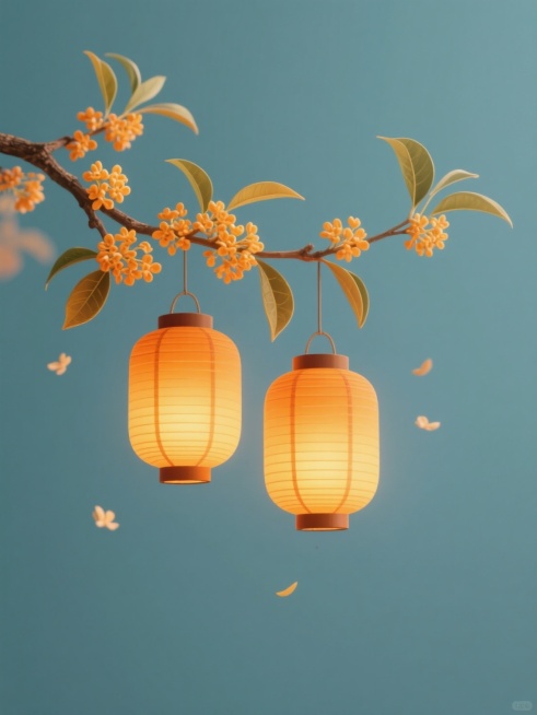 简约现代风格，纯色背景，每张均为规整排布的单一元素图案，系列素材集合。第一张：两只橙黄色传统宫灯，灯笼表面有细腻纹理和光影渐变，悬挂于带有橙黄色桂花枝叶的树枝上，树枝自然舒展，部分桂花叶和花瓣轻盈飘落，整体色调温暖和谐，光影柔和，营造温馨宁静的中秋氛围。预览效果