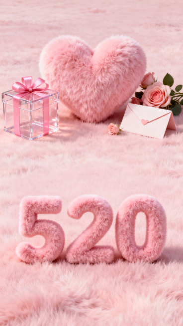 520情人节竖版商用海报，淡粉色马卡龙色调，暖调柔光氛围，梦幻浪漫极简优雅风格。主视觉为粉色毛绒爱心，搭配透明粉色礼物盒、信封和玫瑰装饰，画面下半部分预留大面积空白方便添加文案。3D立体粉色毛绒字体写预览效果