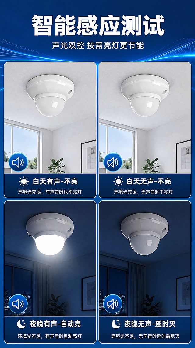 [商品] 使用【图1】声光控一体灯UFO（翼芯智能YXKJ）；保留白色半球形灯罩、圆形底座、侧面感应探头、整体UFO造型、白色亮面材质；在4个测试场景中分别展示亮灯和灭灯状态，状态真实合理。
[画面] 目标：声光控功能测试对比，验证感应效果。2x2四宫格测试对比：左上=白天+有声（灯灭）、右上=白天+无声（灯灭）、左下=夜晚+有声（灯亮）、右下=夜晚+无声（灯灭）。每格都有产品安装在天花板上，通过背景明暗和灯光效果区分状态。顶部标题区。
[视觉] 套系策略：风格=工业科技风商业摄影；标题字=粗黑无衬线黑体；正文字=简洁无衬线黑体；主色=深蓝(#0A4DA2)；背景延展=深蓝到浅蓝的渐变、同色系深浅层级、科技感光斑和线条；强调色=亮白色，仅用于小面积图标、引线、标签和高光；标题色=白色；正文色=浅灰蓝；组件=圆角深蓝信息卡、白色细线引线、发光图标；光影=左前侧冷白光，产品右侧有轮廓光。
[文字] 顶部主标题「智能感应测试」，副标题「声光双控 按需亮灯更节能」。四宫格每格下方标注状态：白天有声-不亮、白天无声-不亮、夜晚有声-自动亮、夜晚无声-延时灭。
[规格] 图片比例9:16竖版，4K分辨率，负向提示：避免变形、错字、文字过小、产品颜色改变、结构失真、模糊、水印、二维码