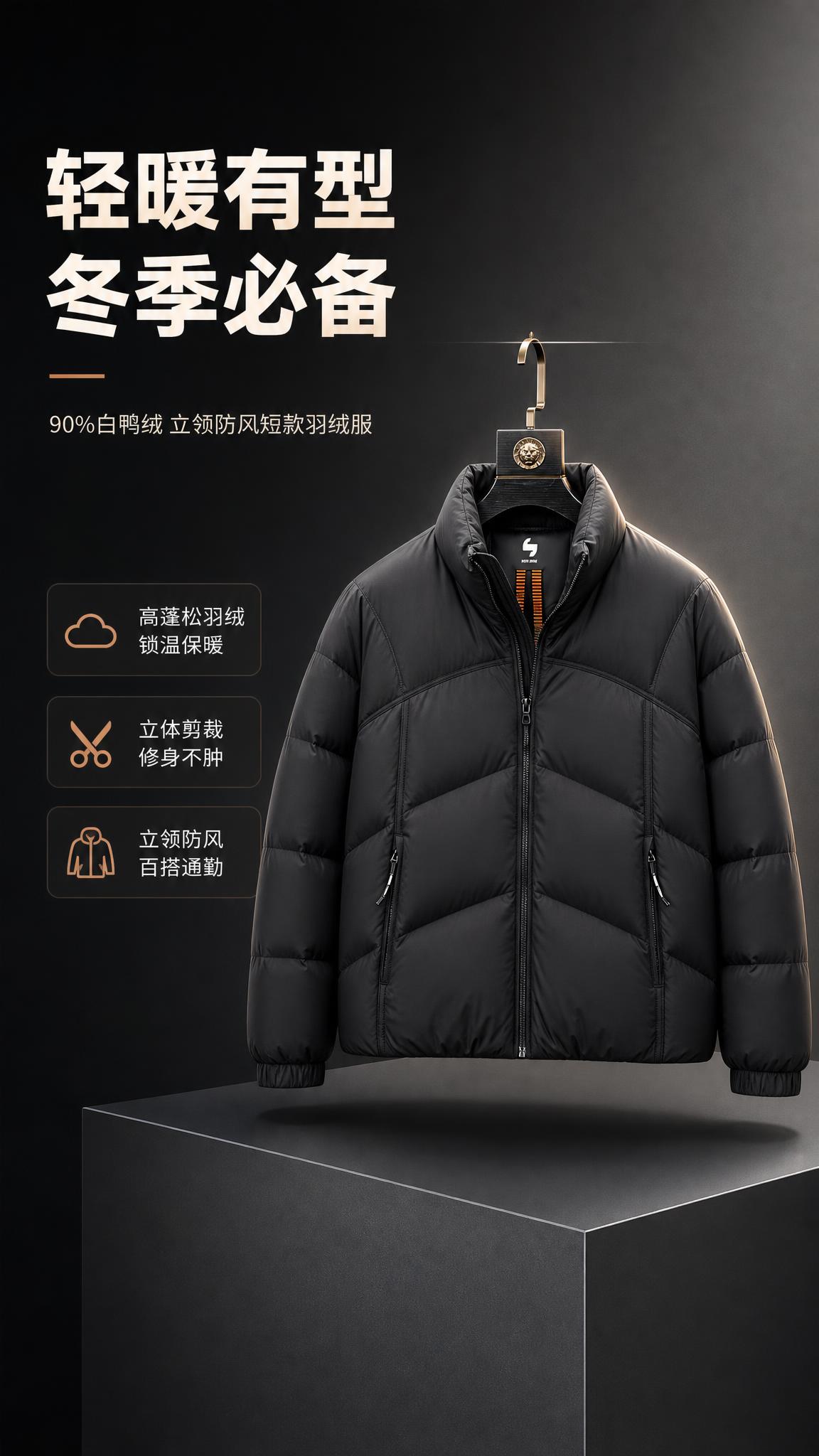 [商品] 使用【图1】男士黑色立领短款羽绒服；商品处理：保留立… - 图片创意预览