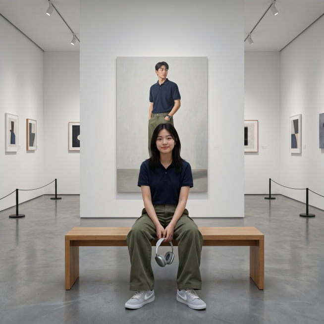 现代极简艺术展厅场景。浅白墙面搭配冷灰色水泥地面，轨道射灯营造柔和均匀的布光。展厅中央，一位清冷气质的18岁东亚年轻女生端坐于长木凳上，她留着黑长直发型，身穿商务polo衫，下身搭配军绿色牛仔裤，裤子预览效果