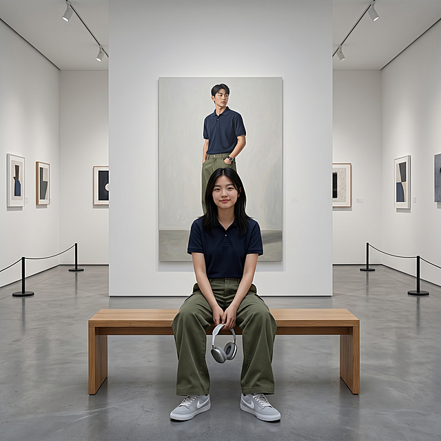 现代极简艺术展厅场景。浅白墙面搭配冷灰色水泥地面，轨道射灯营造柔和均匀的布光。展厅中央，一位清冷气质的18岁东亚年轻女生端坐于长木凳上，她留着黑长直发型，身穿商务polo衫，下身搭配军绿色牛仔裤，裤子颜色款式参考图1，脚踩浅灰色耐克板鞋，双手自然搭在腿上，手中垂着一副银色头戴式耳机，面带浅笑，直视镜头，神态平静松弛。她身后是一幅等身大的男性写实油画，画中人物穿着同款polo衫，下身搭配军绿色牛仔裤，裤子颜色款式参考图2，双手插兜，与女生形成呼应式穿搭。展厅两侧墙面挂有小幅艺术画作，地面设有黑色隔离立柱，整体氛围清冷高级，兼具艺术感与穿搭展示性，光线柔和且层次分明，突出人物与画作的互动感。