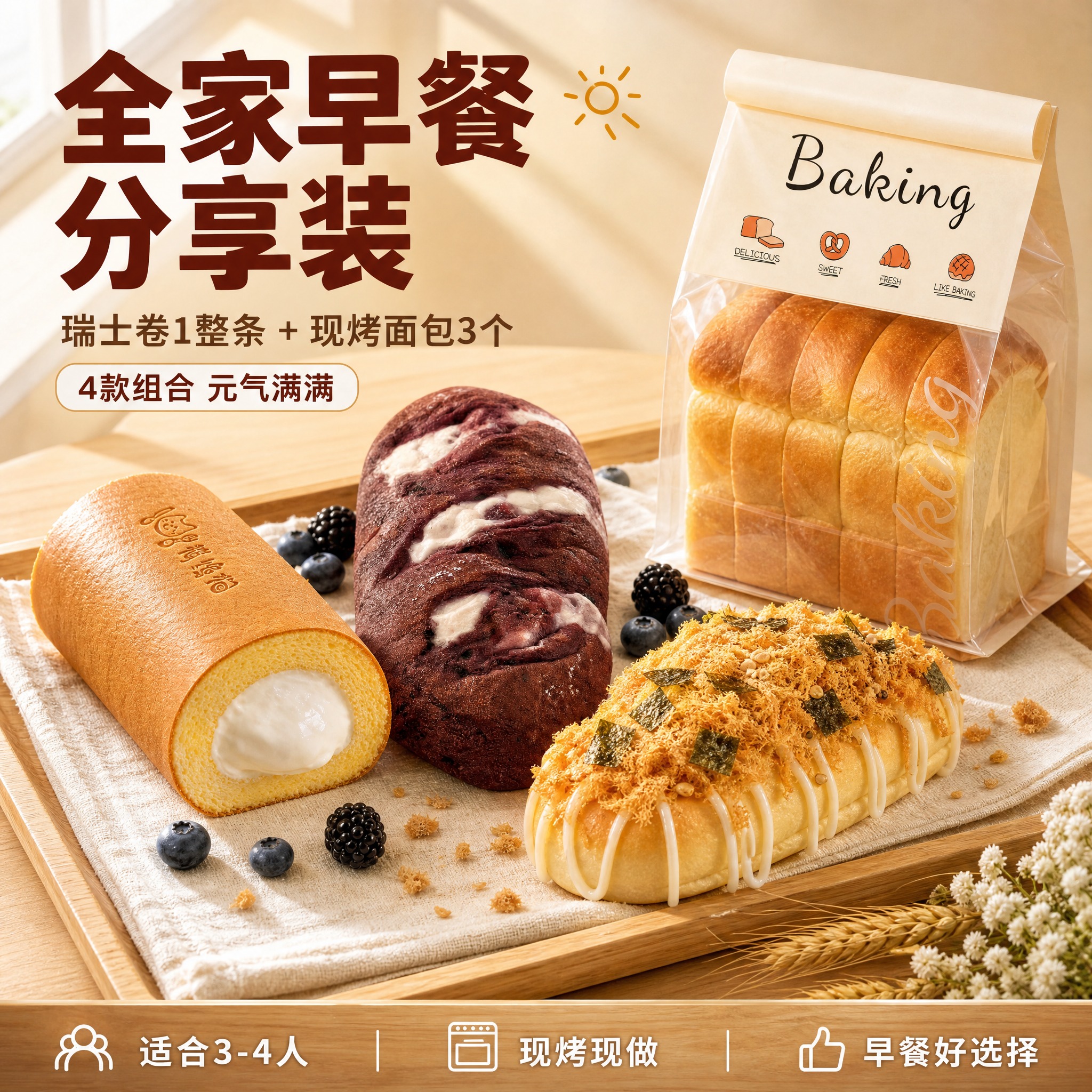 [单张主图] 早餐分享装套餐主图（瑞士卷1整条+现烤面包3个·… - 图片创意预览