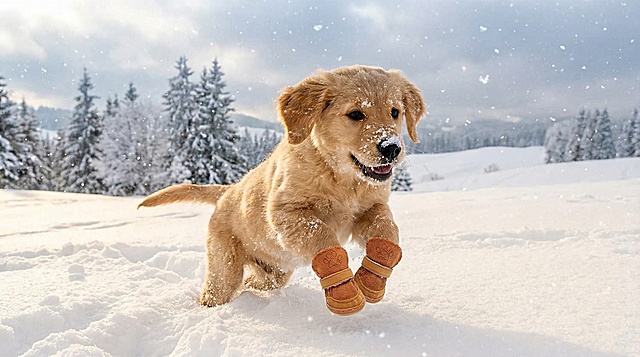 以图中的狗狗雪地靴为元素,冬天狗狗穿着雪地靴,设计4张跟狗狗雪地靴有关的图,物体主体特征不变，比例 「16:9」