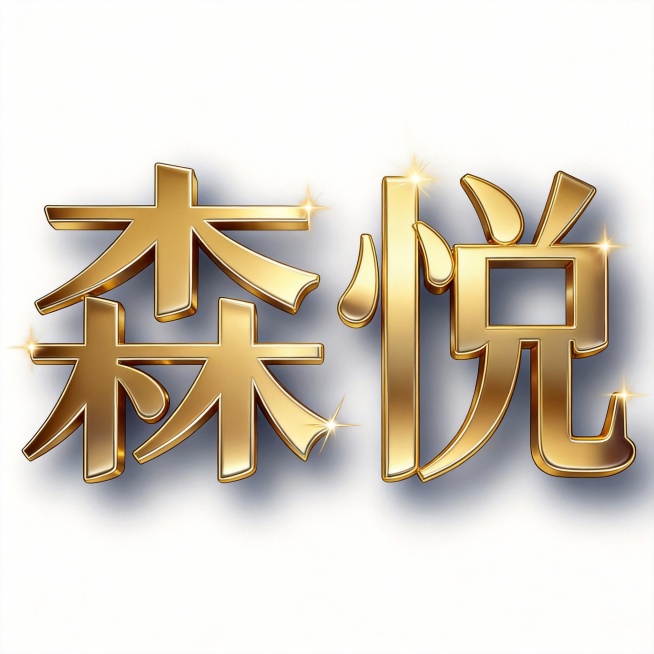 将图1森悦艺术字,设计文字金色3D金属质感表现,如范例图２金属质感表现，金属精密插画风格,极具金属光泽质感，白色背景。高清预览效果