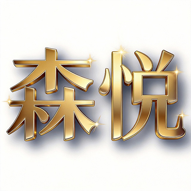 将图1森悦艺术字,设计文字金色3D金属质感表现,如范例图２金属质感表现，金属精密插画风格,极具金属光泽质感，白色背景。高清