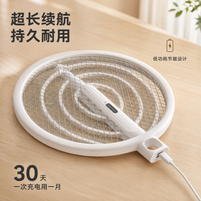 [主图-3] 可折叠电蚊拍续航卖点细节展示。
[氛围风格] 家居治愈风，真实清新；
[画质] 商业摄影质感、光线柔和通透、产品清晰真实、画面干净高级。
[元素] 可折叠电蚊平放在浅木色桌面上，特写电池预览效果