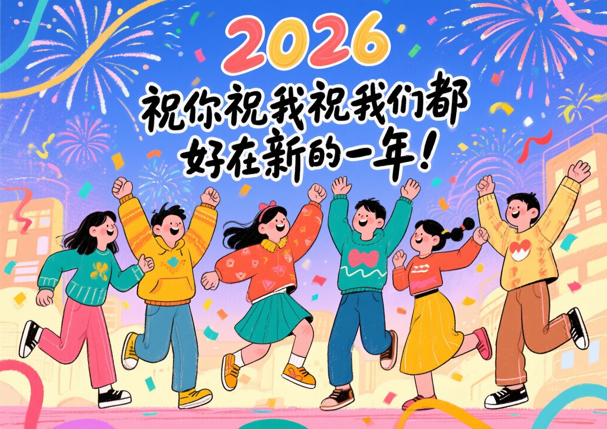 祝你祝我祝我们都 好在新的一年！ 2026 要求年轻活力 手绘… - 图片创意预览