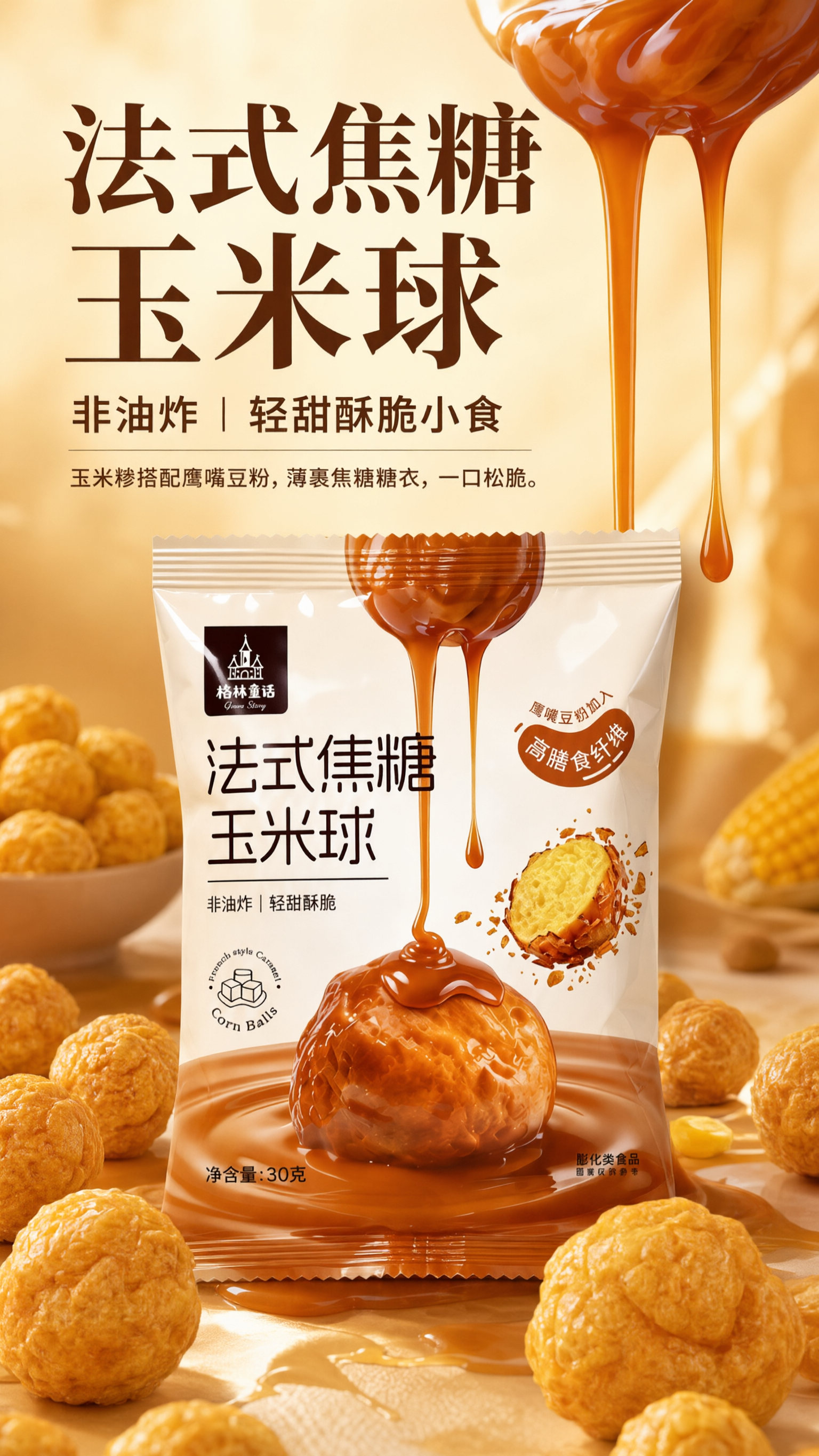 修改第1屏海报，将画面中所有散落的玉米球以及包装袋前方的玉米球… - 图片创意预览