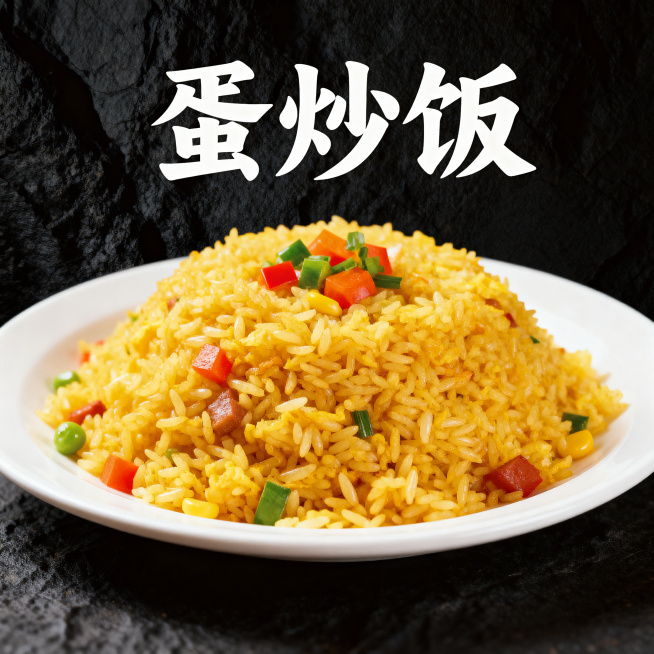 单张菜品海报，深色纹理质感背景，中式餐饮风格，包含食物实拍图和菜品名称，主体为蛋炒饭，搭配彩蔬点缀，和参考图风格一致，文字是“蛋炒饭”，排版清晰突出预览效果