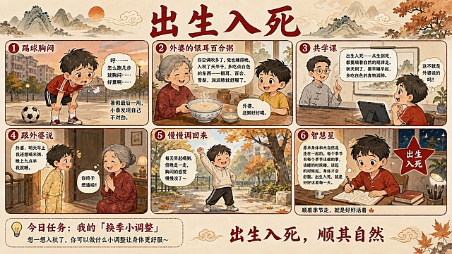 在参考图基础上修改第2格内容：把黑米粥换成白白糯糯的银耳百合粥，外婆的话改成：「你空调吹多了，觉也睡得晚，入秋了天气干，多吃点白色的东西——银耳、百合、雪梨，润润肺就舒服了。」小泰说：「外婆，这粥好好喝。」其他五格内容不变。整体风格、配色、文字清晰度都保持不变。4K高清。