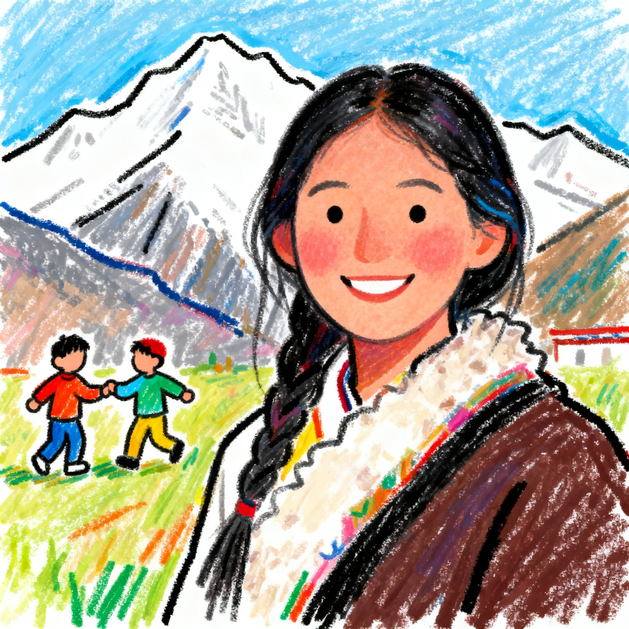 涂鸦插画风格，藏族大美女在雪山前披着头发微笑，头像构图，远处有… - 图片创意预览
