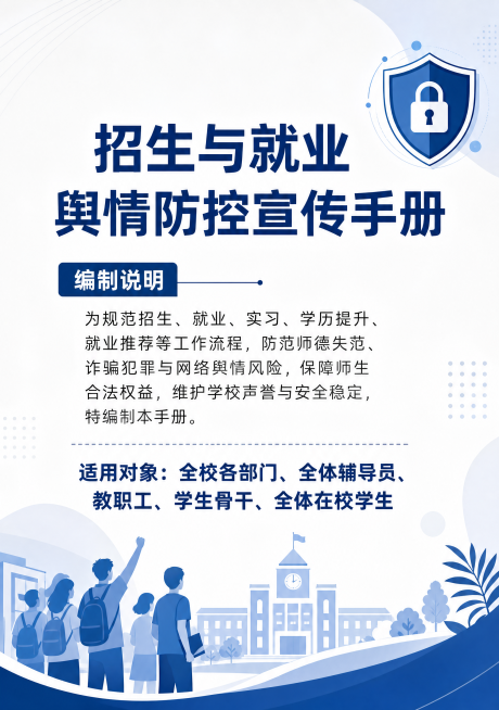 设计招生与就业舆情防控宣传手册扉页，白色浅灰色背景，深蓝色标题，内容为：编制说明文字"为规范招生、就业、实习、学历提升、就业推荐等工作流程，防范师德失范、诈骗犯罪与网络舆情风险，保障师生合法权益，维护预览效果