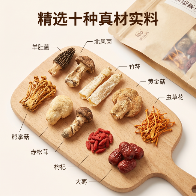 [主图 2] 菌菇汤料包核心成分展示图。[氛围风格] 自然清新，高品质干货展示风格。[画质] 商业摄影质感、光线柔和通透、产品清晰真实、画面干净高级。[元素] 整块浅色原木砧板作为基底，将七种菌菇和三预览效果