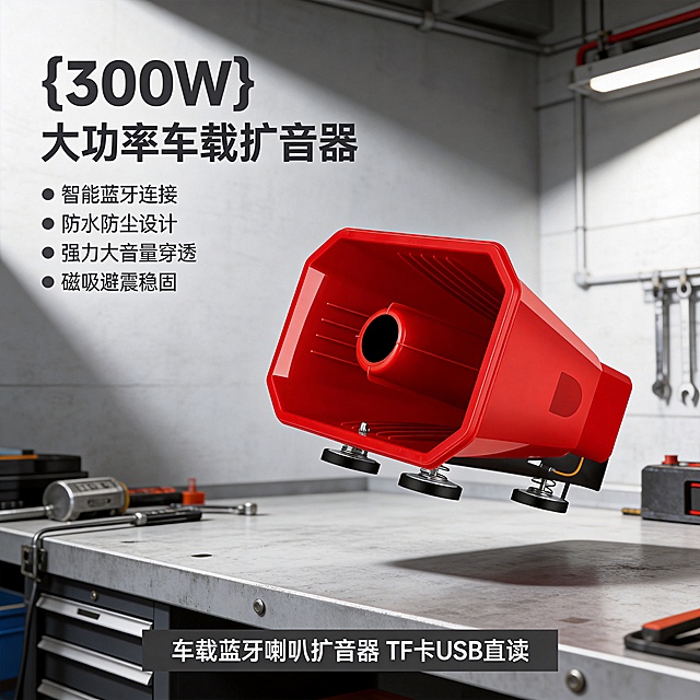 [主图-1] 车载多功能钢炮蓝牙喇叭扩音器首图，展示产品主体和核心卖点。
[氛围风格] 专业硬核五金器械风格，突出产品品质感。
[画质] 商业摄影质感，光线明快通透，产品清晰真实，画面干净高级。
[元素] 红色车载扩音器居中主体微倾悬浮展示，产品占画面70%。保持产品外观（物理结构、材质质感、颜色）与输入产品图绝对一致，杜绝任何变形和色差，精细化处理。背景为浅灰色工业风工作台，突出产品主体。左上角安全区预留位置，整体满版排布。
[光影] 主光从左侧打来，边缘高光清晰，右侧辅光填充，明暗层次分明，高光不溢，暗部有细节。
[配色] 主色调为产品本身的正红色，背景浅灰色，文字使用深灰色和白色形成对比。
[视角构图] 四分之三平视角度，产品完整展示不裁切，景深适中。
[文字版式] 左上角负空间左对齐留安全边距。大字主文案“{300W} 大功率车载扩音器”，深灰色粗体无衬线。下方四个卖点短句，每行一个：“智能蓝牙连接”“防水防尘设计”“强力大音量穿透”“磁吸避震稳固”，字号缩小一半。底部通栏卖点条白色字深灰色底：“车载蓝牙喇叭扩音器 TF卡USB直读”。文字不遮挡产品主体，清晰可读。
[比例分辨率] 1:1 比例，4k 分辨率，文字清晰可辨，超高清。
[负向提示词] 变形，水印，文字错乱，产品图模糊，背景杂乱，玩具感，廉价感。