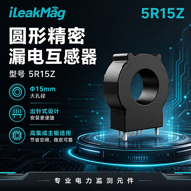 [主图-1] 首图点击率海报，展示iLeakMag 5R15Z圆形出针式漏电互感器产品全貌与核心卖点，传递专业工业电子元件品质感。
[统一基调] 整体风格为科技工业风，背景主色为深灰渐变搭配淡青蓝色科技光效，标题字色为白色，辅助字色为浅灰色，强调色为青蓝色（#00C4D4），字体为无衬线粗体，字号层级分明，整体高端精密感。
[画面] 产品主体为黑色圆形漏电互感器，中间Φ15mm圆孔，底部有6根银色插针，顶部有两个小凸耳，产品外观、结构、尺寸比例与输入图完全一致（33*28.6*11.5mm）。主体位于画面中央偏右，占画面约55%，微仰视角度，边缘有清晰高光，悬浮于科技感圆形发光平台上。左上角放置iLeakMag品牌Logo，右上角放置型号"5R15Z"青蓝色标识。左侧为文字信息区：顶部大标题"圆形精密 漏电互感器"，副标题"型号 5R15Z"，下方3个核心卖点图标+文字："Φ15mm大孔径"、"出针式设计"、"高集成主板适用"。底部通栏放置"专业电力监测元件"字样。背景有淡淡的电路板纹理和科技光线装饰，不抢主体。
[光影质感] 商业产品摄影质感，主光从左上方打来，产品顶部和边缘有清晰高光，底部有柔和接触阴影，黑色塑胶外壳质感真实，金属插针有银色光泽，圆孔内部有深邃感，整体精密高级。
[配色] 背景深灰渐变+青蓝色科技光效点缀，标题白色，辅助文字浅灰，强调色青蓝色，产品本体黑色，整体冷色调高端专业感。
[文字版式] 左上角品牌Logo青蓝色。左侧主标题超大号粗体白色，副标题中号浅灰色。卖点图标+文字采用左对齐竖排，每个卖点前有青蓝色小圆点图标。底部通栏文字小号白色配半透明深灰底。所有文字清晰可读，不遮挡产品主体。
[输出要求] 1:1正方形比例，2048*2048px，产品清晰不变形，文字清晰无错字，画面干净专业，无水印无平台Logo，无多余杂物。负向：产品变形、圆孔不圆、插针数量错误、结构错误、文字模糊、错字、画面杂乱、水印、淘宝Logo、天猫Logo、人物面部、多余手指。