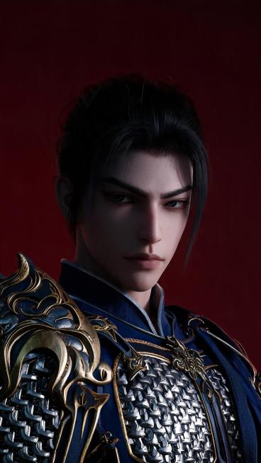 Armin Hofmann风格，超高清特写画面，极度深红的背景，夸张抽象变形的东方神秘唐代鎏金铠甲武将，高鼻梁，丹凤眼，容颜绝美，五官精致立体，身穿暗夜靛蓝色战袍与银鳞甲，神秘威严的氛围，仰角拍摄，酷预览效果