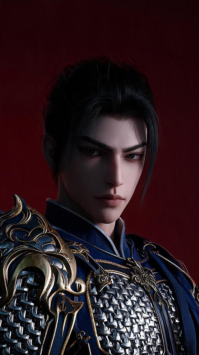 Armin Hofmann风格，超高清特写画面，极度深红的背景，夸张抽象变形的东方神秘唐代鎏金铠甲武将，高鼻梁，丹凤眼，容颜绝美，五官精致立体，身穿暗夜靛蓝色战袍与银鳞甲，神秘威严的氛围，仰角拍摄，酷炫风格，聚焦人物面部，从阴影中审视着世界，高品质细节，超精细，高分辨率，最佳品质，C4D，32K壁纸，色彩叙事，现代抽象艺术