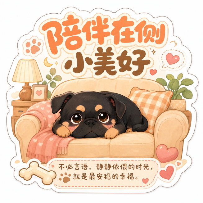 宠物主题异形贴纸，中心是卡通八哥犬趴在沙发，边缘异形抠图贴合方形轮廓，圆润大字主标题"陪伴在侧小美好"，暖色调，下方小字补充"不必言语，静静依偎的时光，就是最安稳的幸福。"，边角点缀骨头、爪印、爱心装预览效果