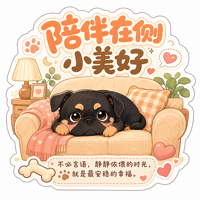 宠物主题异形贴纸，中心是卡通八哥犬趴在沙发，边缘异形抠图贴合方形轮廓，圆润大字主标题"陪伴在侧小美好"，暖色调，下方小字补充"不必言语，静静依偎的时光，就是最安稳的幸福。"，边角点缀骨头、爪印、爱心装饰，温馨治愈风格