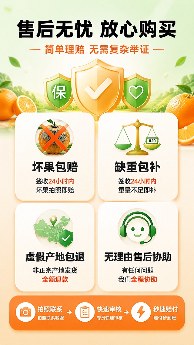[第8屏] 售后保障体系——四大售后保障承诺页。本屏为文生图。
[氛围/风格] 安心可靠信任感，盾牌保障元素，温暖橙绿色调，打消顾虑促转化。
[元素布局] 顶部大标题区，配盾牌组合图标；中部2x2排列四个保障卡片，每个卡片上方一个图标，下方保障文案。左上：坏果包赔——配腐烂果实打叉图标；右上：缺重包补——配天平称重图标；左下：虚假产地包退——配地图认证图标；右下：无理由售后协助——配客服耳机图标。卡片底部有一条橙色流程条，展示「拍照联系 → 快速审核 → 秒速赔付」三步简单理赔流程，配箭头连接。
[光影质感] 卡片轻微立体浮起效果，柔和投影，整体明亮温暖有安全感。
[配色色系] 全局底色浅绿橙渐变#E8F5E9到#FFF3E0；主色橙#FF8C00；辅助色绿#4CAF50、白色#FFFFFF；字色深灰#333333，强调字橙色#E65100。
[视角构图] 竖版9:16，上标题中四卡片下流程条，阅读动线自上而下。
[文字版式] 顶部大标题「售后无忧 放心购买」粗黑体深灰色；副标题「简单理赔 无需复杂举证」橙色字；四个卡片标题加粗如「坏果包赔」，副文小字说明「签收24小时内 坏果拍照即赔」；底部流程条三步文字白色字在橙色底上，箭头连接。
[比例分辨率] 9:16竖版比例，4K分辨率，文字清晰可辨，高清画质。
[负向提示词] 变形，水印，文字错乱，文字过小，图标模糊，颜色偏差，背景杂乱。