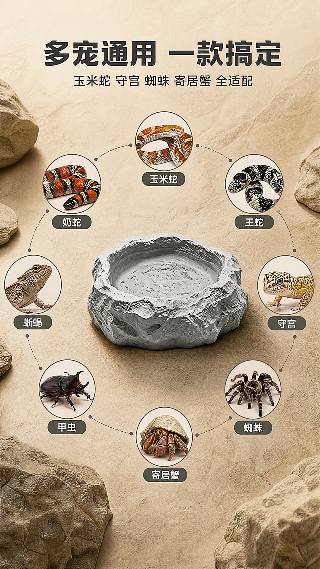 [商品] 使用【图2】圆岩款沙岩灰色浅水盆；保留圆形岩石造型、灰色质感和纹理。
[画面] 页面目标：多爬宠适用展示，证明产品适配多种中小型爬宠。构图：产品放在中心，周围环绕展示六种适用爬宠的小图或剪影：玉米蛇、奶蛇、王蛇、守宫、蜘蛛、寄居蟹、睫角、甲虫、蜥蜴。用环形布局，产品在中间，爬宠图标围绕一圈，每个配名称标签。景别为中景，产品占画面约35%。
[视觉] 套系策略：风格=自然岩系高级商业摄影；标题字=粗黑体厚重有力；正文字=简洁无衬线黑体；主色=暖沙赭石棕；背景延展=基于暖沙棕做深浅层级、同色渐变和沙土岩石质感；强调色=深岩灰，仅用于小面积图标、引线和标签；标题色=深岩灰；正文色=中灰色；组件=圆形爬宠图标、细线连接、圆角标签；光影=顶部暖调柔光，产品自然投影。
[文字] 顶部主标题大字：「多宠通用 一款搞定」，副标题：「玉米蛇 守宫 蜘蛛 寄居蟹 全适配」。环形排列的爬宠名称标签：「玉米蛇」「奶蛇」「王蛇」「守宫」「蜘蛛」「寄居蟹」「睫角」「甲虫」「蜥蜴」。文字横排，整齐排列。
[规格] 图片比例9:16竖版，2K，避免变形、错字、文字过小、冷蓝背景、产品颜色改变、结构失真、水印、平台Logo。