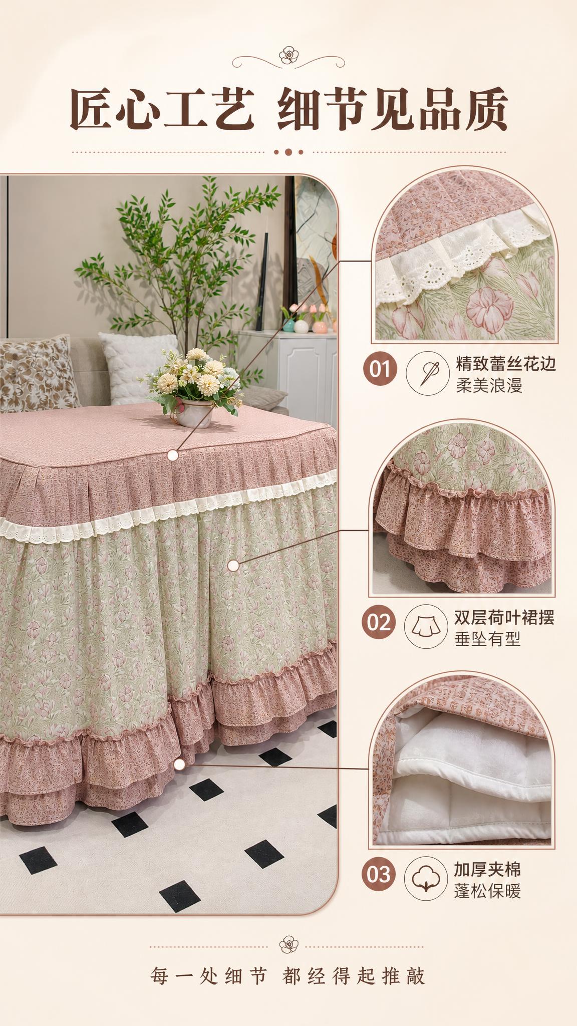 [商品] 使用【图1】粉绿碎花款烤火被；保留整体结构，重点展示… - 图片创意预览