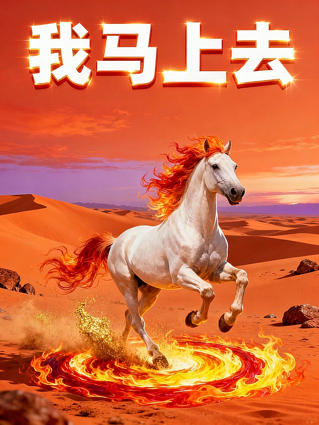 3D重拟物风格，火焰与粒子交织的梦幻沙漠场景，白马踏火奔腾，光影动感十足，充满热血与酷炫张力。