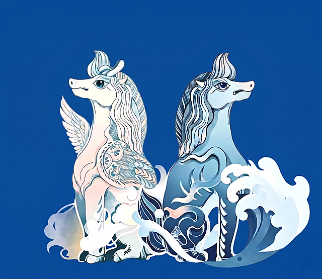 重新生成这张插画，保留两匹马和波浪装饰的原有内容样式，将黄色背景替换为深蓝色