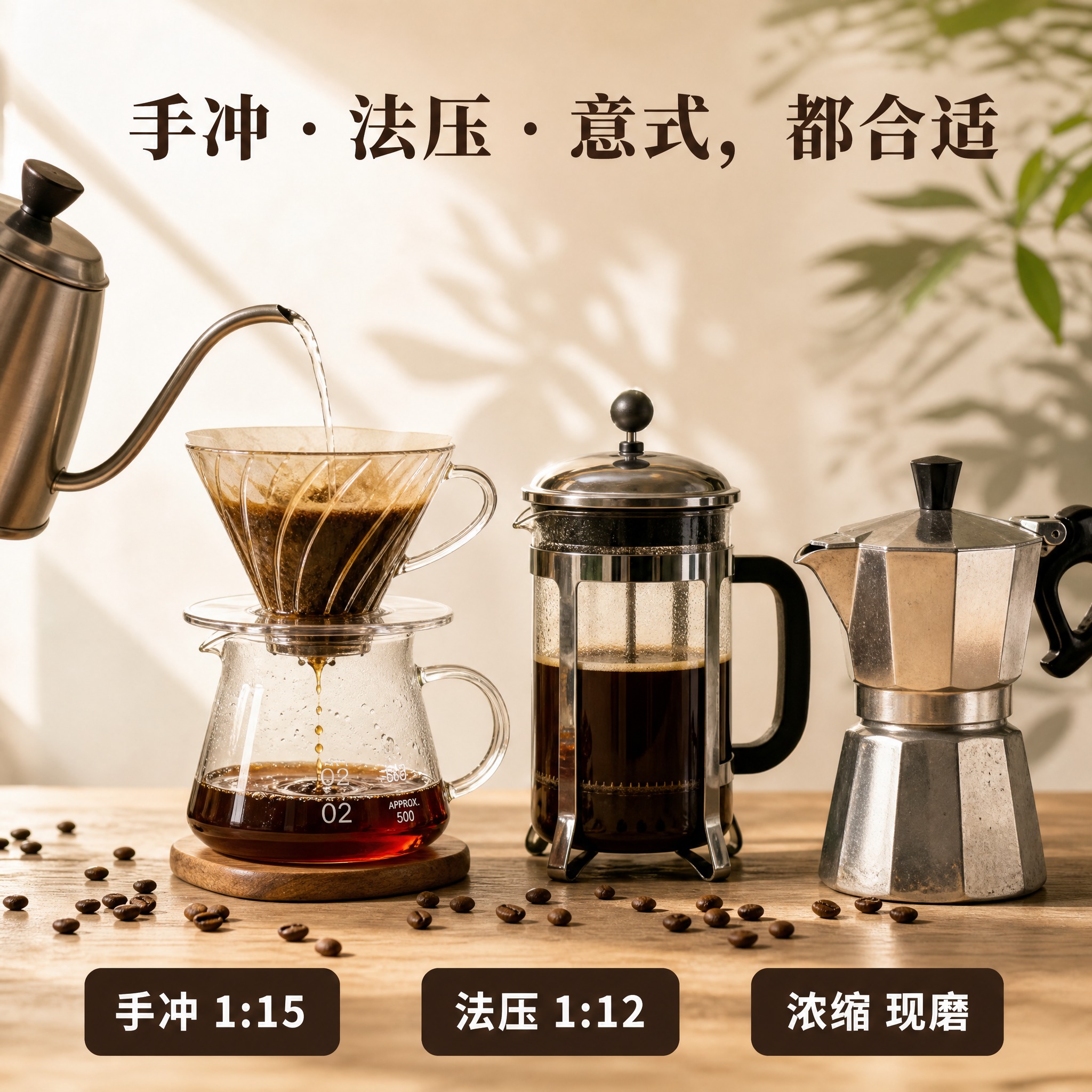 [主图-4] 冲煮建议图，讲怎么冲，展示手冲、法压、意式三种冲… - 图片创意预览