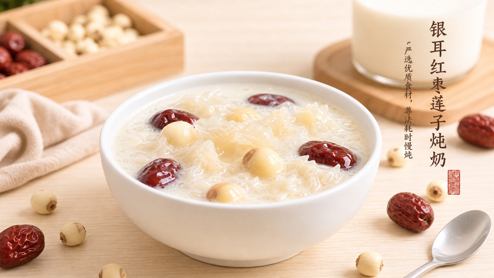 遵从参考图的构图架构，重新生成一碗银耳红枣莲子炖奶的美食摄影图… - 图片创意预览