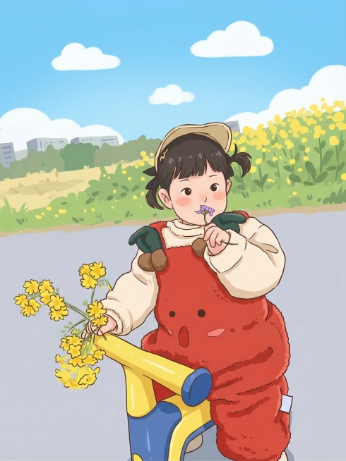 将这张照片转换成可爱活泼乖巧的卡通风格，保留小孩的姿势、红色背带裤和黄色小车、黄色野花的设计，把天空修改成干净明亮的蓝色，整体画面清新治愈预览效果
