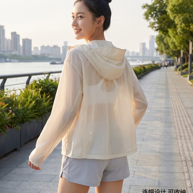 [主图 4] 城市滨江步道场景米白色连帽防晒衣背面展示图；氛围风格：年轻活力运动户外风，自然清新氛围感；画质：商业摄影质感、光线柔和通透、产品清晰真实、画面干净高级；元素：同一位年轻亚洲女模特，保持原预览效果