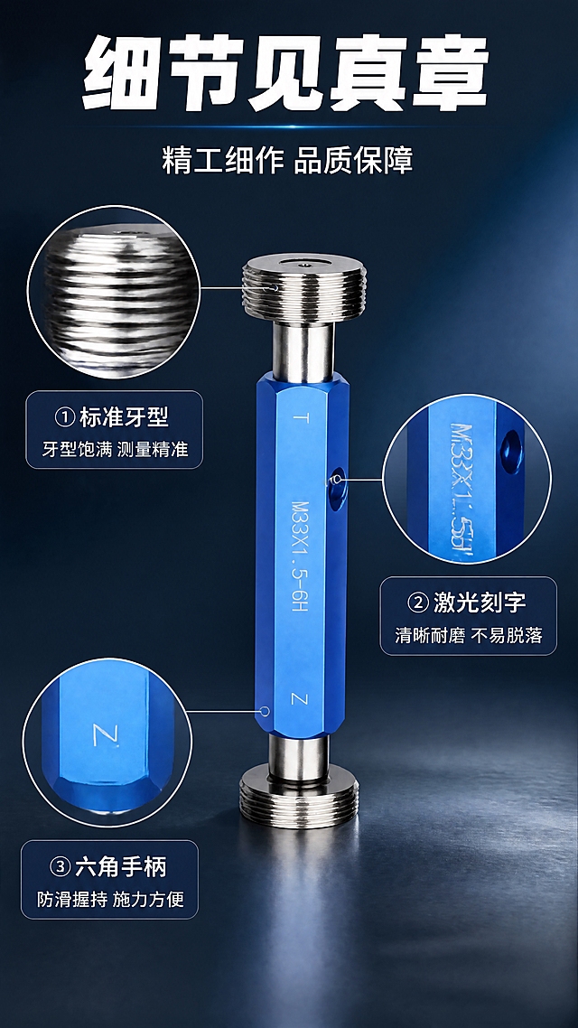 [商品] 使用【图1】M33×1.5-6H螺纹塞规；保留蓝色手柄、金属测量头、T/Z刻字、侧孔；做3处关键细节放大：螺纹牙型、刻字标识、手柄六角面。
[画面] 目标：细节微距展示，体现工艺精细度。构图：中央为产品全貌（占30%），周围分布3个圆形放大窗口，分别放大不同细节部位，用银色引线连接到产品对应位置。背景：深灰蓝渐变底，突出金属细节质感。
[视觉] 套系策略：风格=工业精密商业摄影风；标题字=粗黑无衬线体；正文字=简洁无衬线体；主色=深海蓝；背景延展=基于深海蓝做深浅渐变、同色系层次和细腻金属拉丝质感；强调色=银灰色，仅用于小面积图标、引线、标签和高光；标题色=纯白；正文色=浅银灰；组件=深蓝圆角信息卡、银色细线引线、工业风图标；光影=左前侧硬柔光，突出金属螺纹反光和蓝色手柄质感。
[文字] 顶部主标题「细节见真章」，副标题「精工细作 品质保障」。三个放大窗口配说明：1.标准牙型→牙型饱满 测量精准；2.激光刻字→清晰耐磨 不易脱落；3.六角手柄→防滑握持 施力方便。
[规格] 图片比例9:16竖版，4K分辨率，负向提示：避免变形、错字、文字过小、模糊、产品结构缺失、卡通风格。
