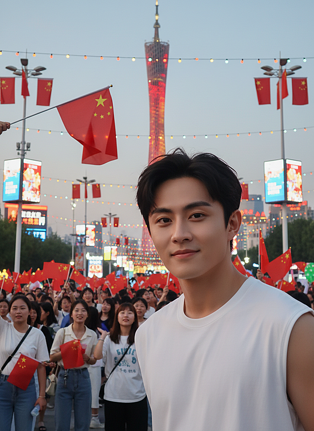 国潮风与霓虹灯交织，实景拍摄展现喜庆氛围，广州塔背景烘托节日盛景，人物神态自然，传递全民欢庆国庆的视觉张力。