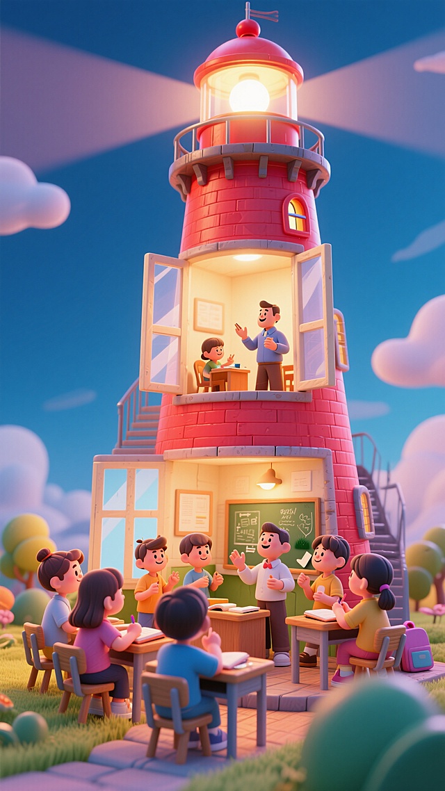 软3D风卡通感灯塔教室，梦幻温馨氛围，趣味学习场景。