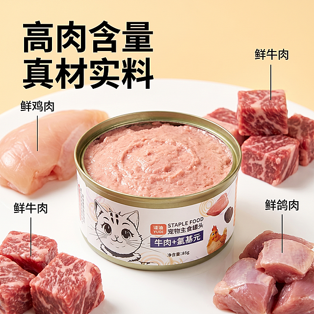 [主图 2] 语迪宠物主食罐头核心成分展示图。[氛围风格] 专业宠物食品电商摄影，ins清新风，真实产品渲染，商业海报质感，整体风格与首图保持统一。[画质] 商业摄影质感、光线柔和通透、产品清晰真实、画面干净高级。[元素] 打开的语迪宠物罐头放置在画面中心，露出完整粉红色肉泥，周围摆放对应原料：新鲜鸡肉块、牛肉块、鸽肉块，原料真实清晰。保持语迪宠物罐头外观与输入产品图绝对一致，杜绝变形和色差。纯白背景，产品+原料占据画面主体，商品主体占比70%左右。[光影] 柔和均匀顶光，突出肉泥细腻纹理，原料质感通透，无硬阴影。[配色] 主色调暖黄色+白色+浅橙色，整体明亮通透，风格统一。[视角构图] 平视正面视角，中心构图，产品为绝对视觉重心。[文字版式] 左上负空间放置主标题「高肉含量 真材实料」，粗体黑色大字；细引线标注对应原料位置，文字标注「鲜鸡肉」「鲜牛肉」「鲜鸽肉」，字体清晰不遮挡主体。[比例分辨率] 1:1比例，2k分辨率，文字清晰可辨，超高清。[负向提示词] 变形，水印，文字错乱，产品图模糊，背景杂乱，过度卡通化
