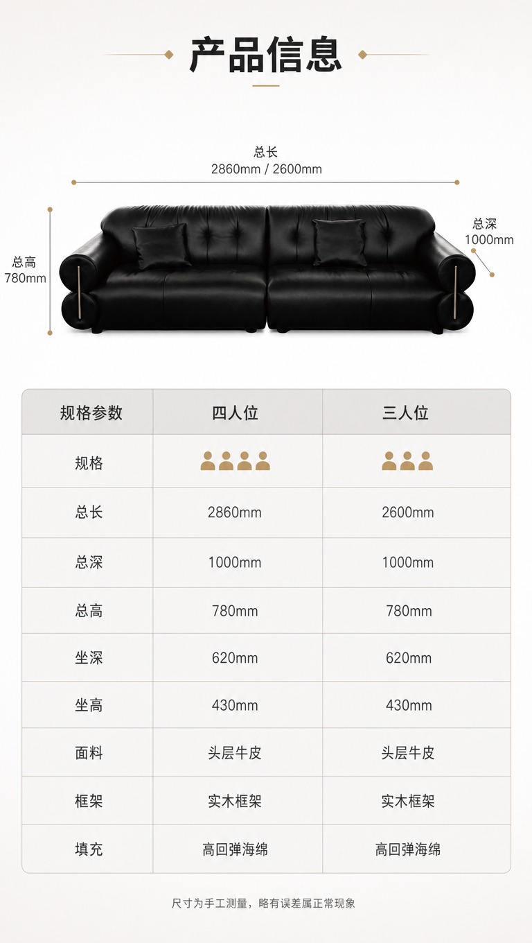 [商品] 使用【图1】黑色皮质四人位沙发和【图2】尺寸图；保留… - 图片创意预览