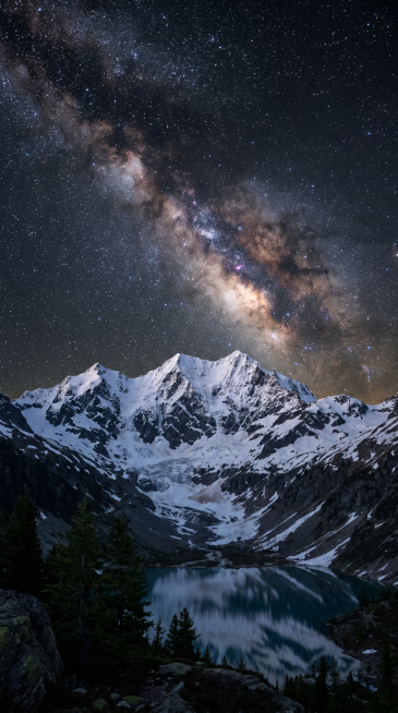 璀璨银河星空下的巍峨雪山，山顶覆盖白雪，静谧纯净夜景，高清写实，9:16竖屏壁纸预览效果